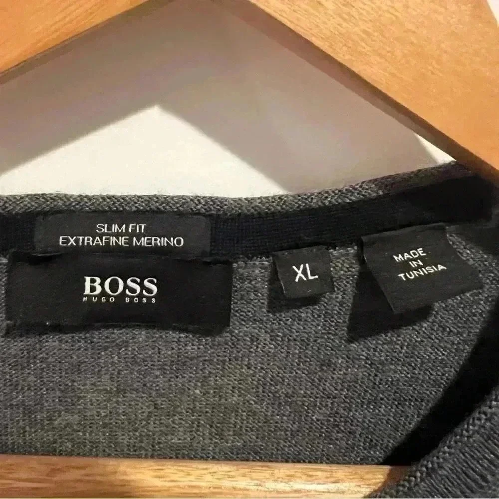 BOSS Hugo Boss Sweater Mens XL Charcoal Grey Excellent Extrafine Merino Slim Fit